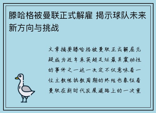 滕哈格被曼联正式解雇 揭示球队未来新方向与挑战